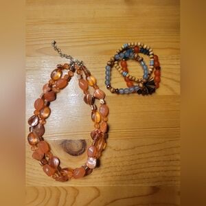2 piece set bead necklace and 3 stretch braclet peach touquoise leather tassel
